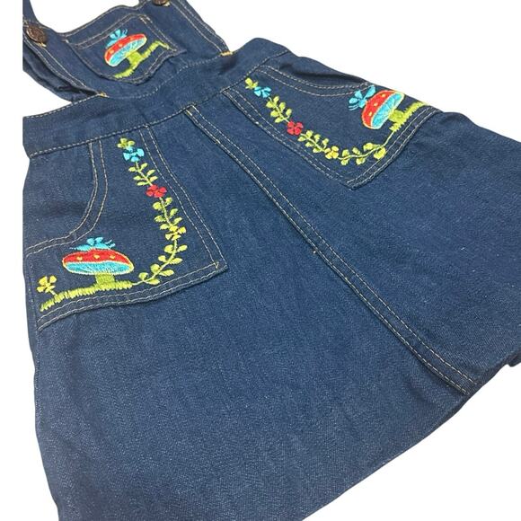 Rare Vintage 4T Girls 90s Cotton Denim Mushroom Embroidered Jumper Overall Dress - Picture 10 of 12